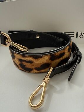 Leopard Print Bag Strap with Gold Hardware - Black Trim real leather and fur